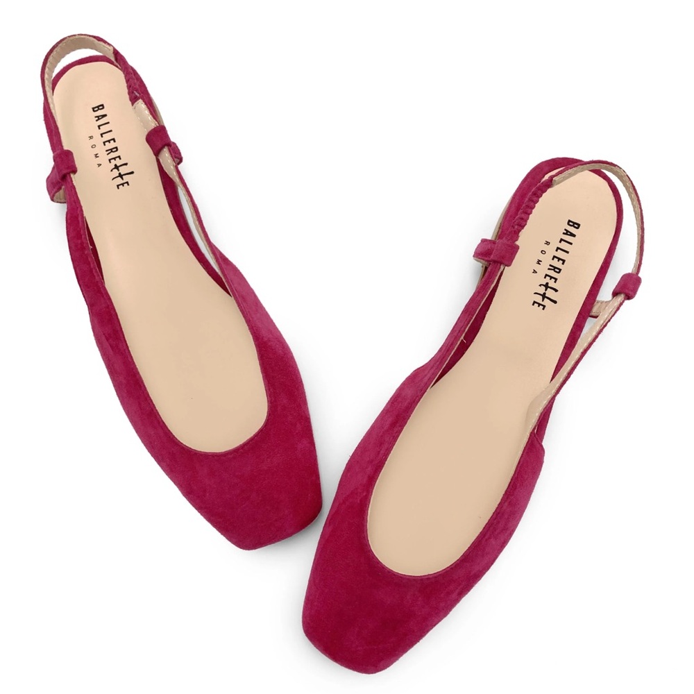 BALLERETTE • Fuchsia Suede Square Toe Slingback Ballet Flats Made In Italy - Picture 5 of 7